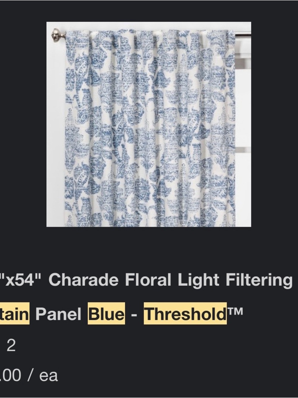 Threshold Blue Floral Light-Filtering Curtain Panel